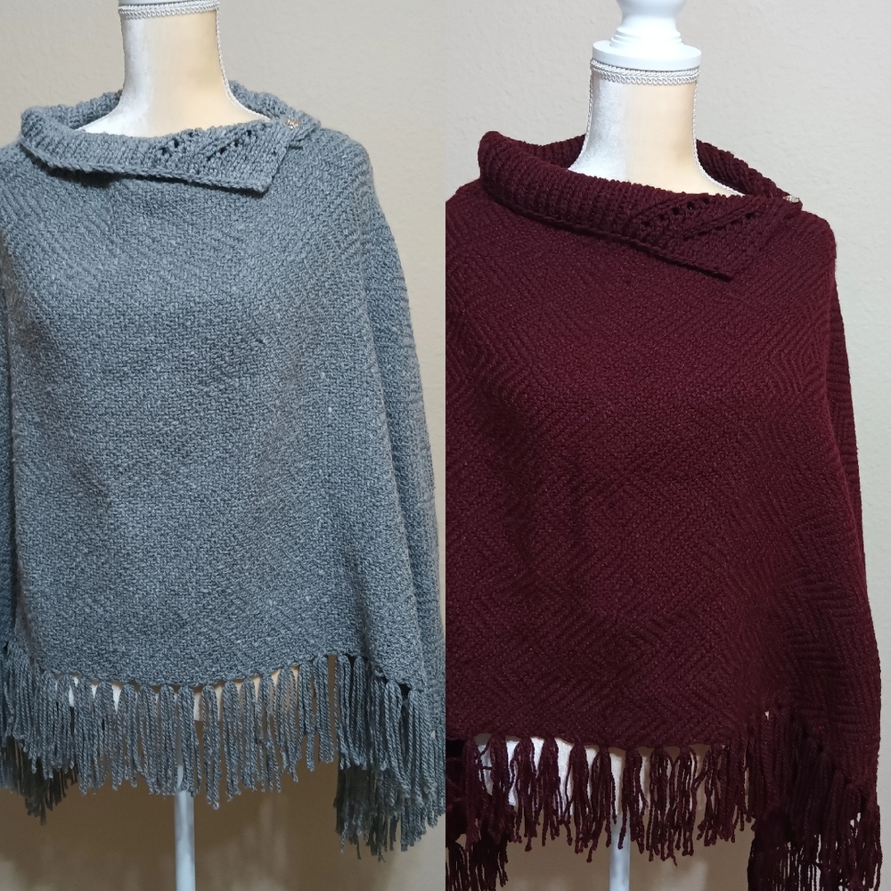 Chic Gray and Burgundy Women's Poncho Set - Picture 1 of 10